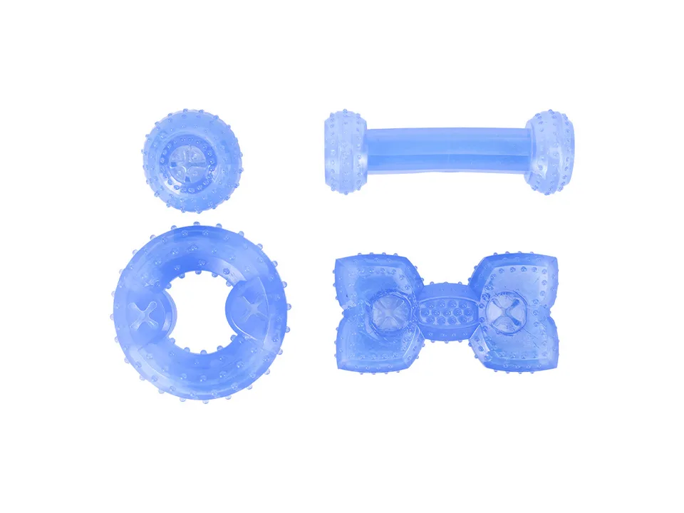 A set of four blue, textured dog chew toys including a ball, dumbbell, ring, and bone shape.