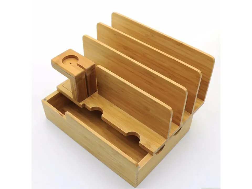 Empty bamboo charging station and desktop organizer.