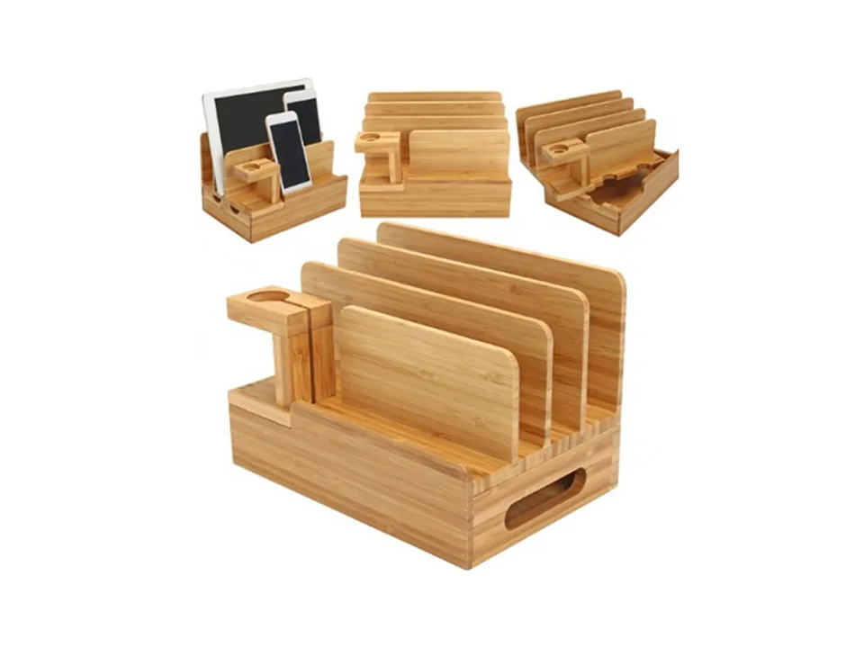 Composite image showing the bamboo charging station from different angles.