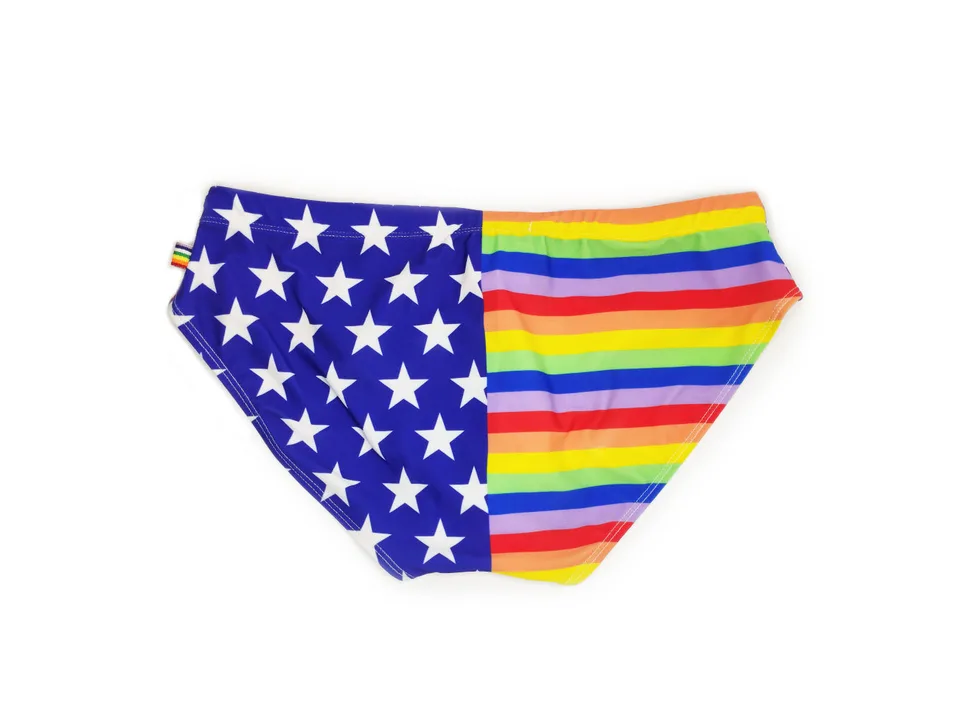 Back view of the swim briefs showing the stars and stripes and rainbow pattern.