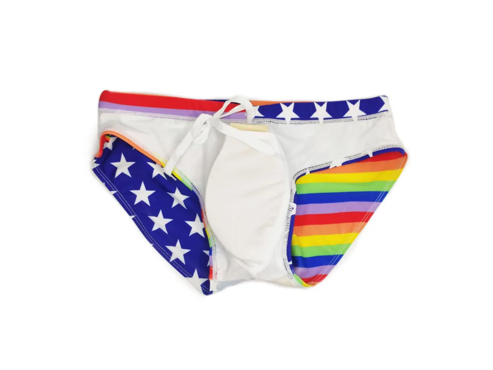 Inside view of the swim briefs showing the white lining and drawstring waist.