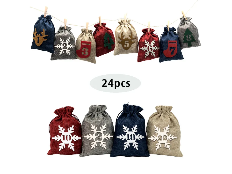 Set of Christmas advent calendar drawstring bags with numbered felt decorations.