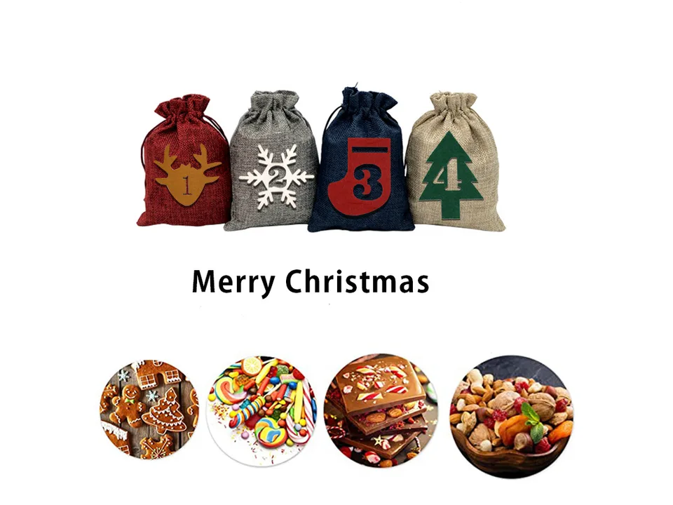 Four Christmas advent calendar bags with examples of small treats like candy and nuts.