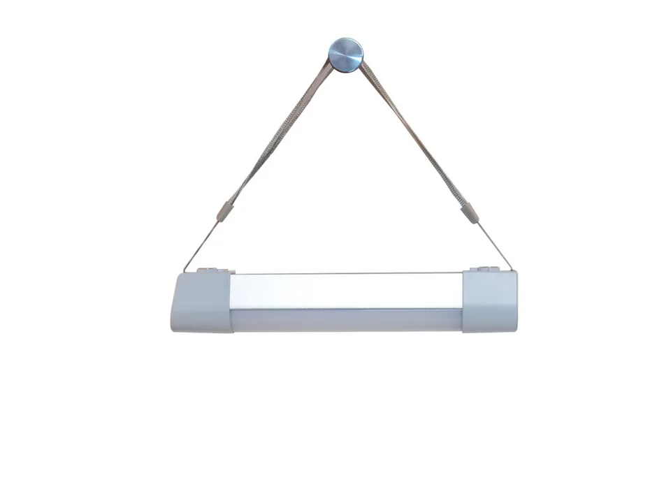 A portable LED tube light with a hanging strap attached.