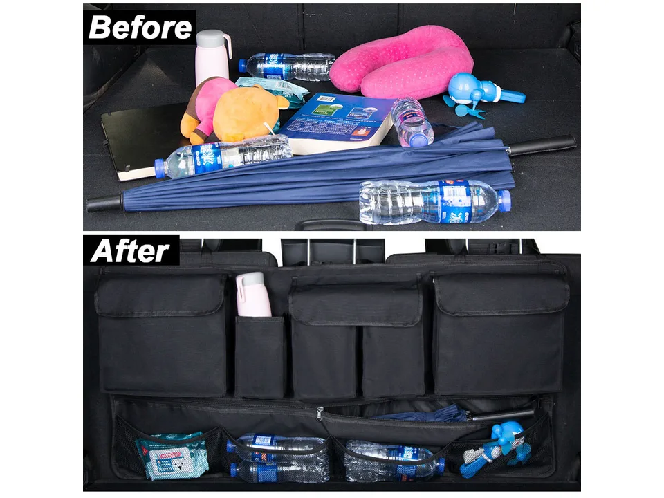 Before and after comparison of a messy car trunk versus organized with the storage bag.