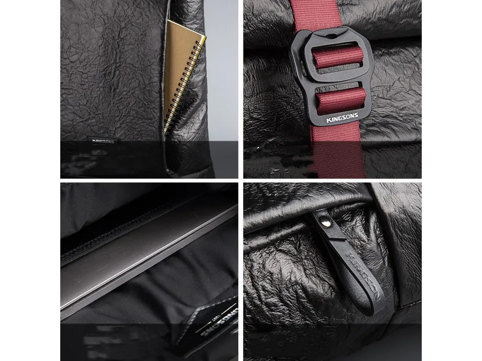 Collage showing backpack pockets, buckle detail, laptop compartment, and zipper pull.