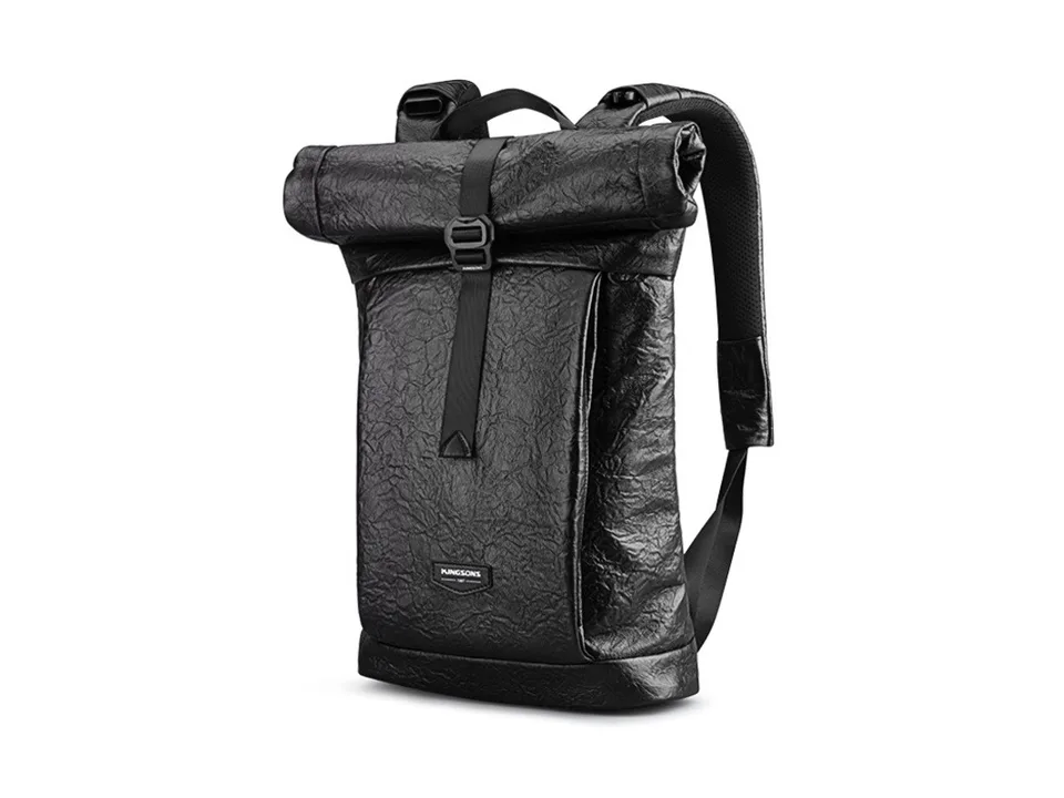Black roll-top backpack with a textured finish.