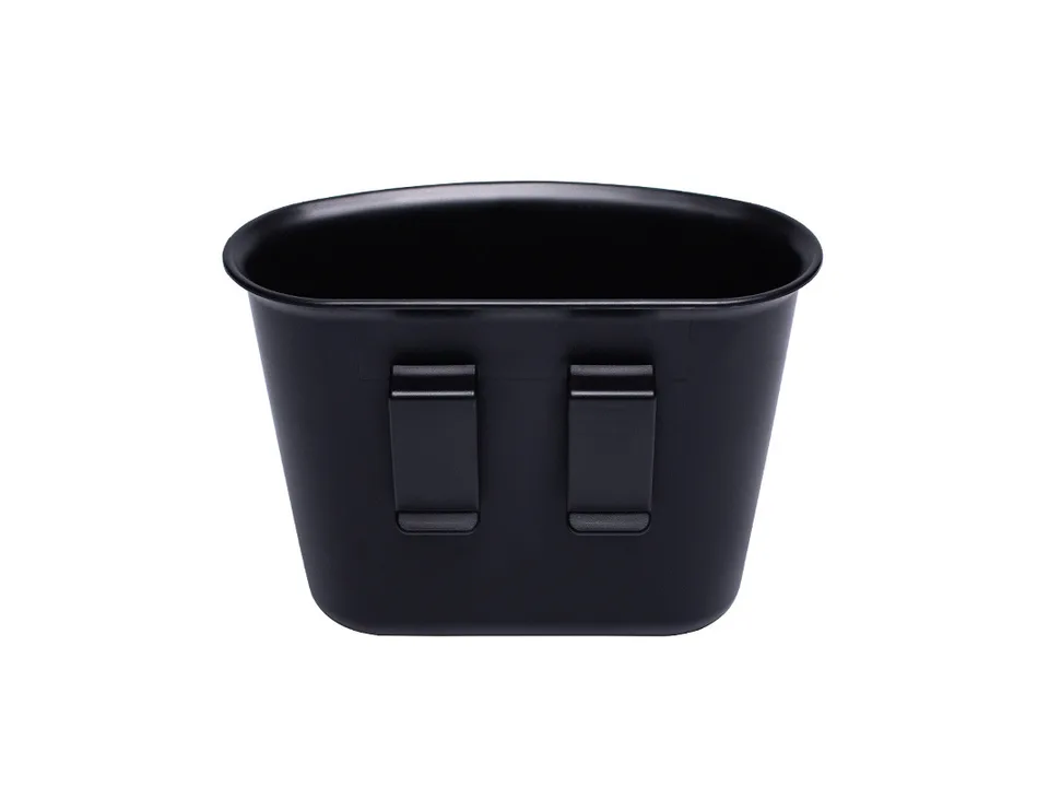 The back view of the black car trash can showing the two clips for hanging.