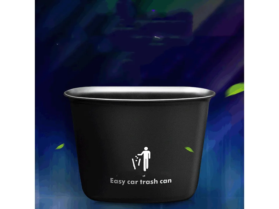 A black car trash can with a white trash icon and the text Easy car trash can.