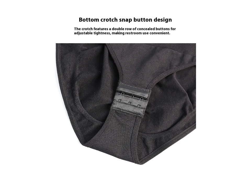 Close-up of the crotch area showing the double row of adjustable snap buttons.