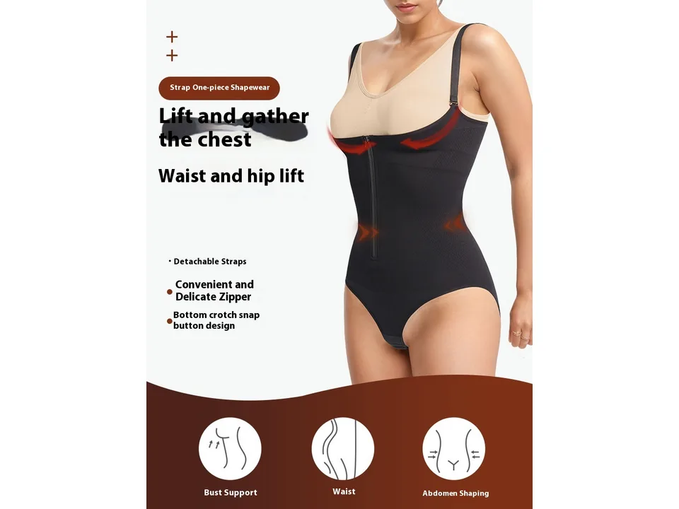 A woman wearing the shapewear bodysuit with text highlighting features like zipper and bust support.