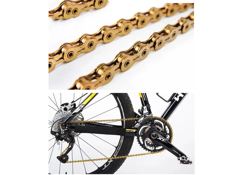 Close-up of a gold bicycle chain and a view of the chain installed on a mountain bike drivetrain.