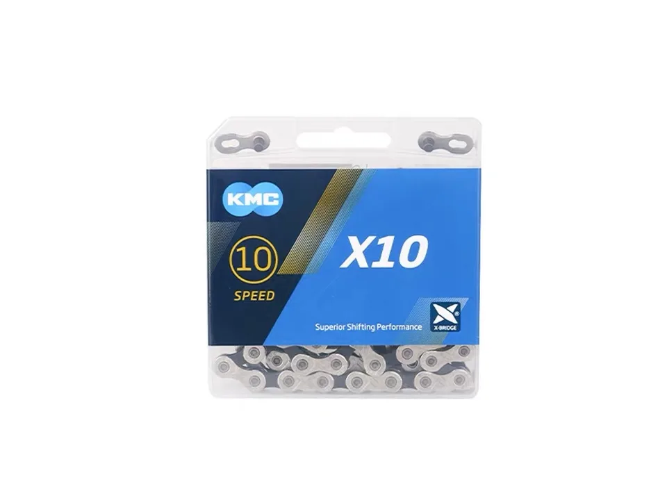 KMC 10-speed bicycle chain in its clear plastic retail packaging.
