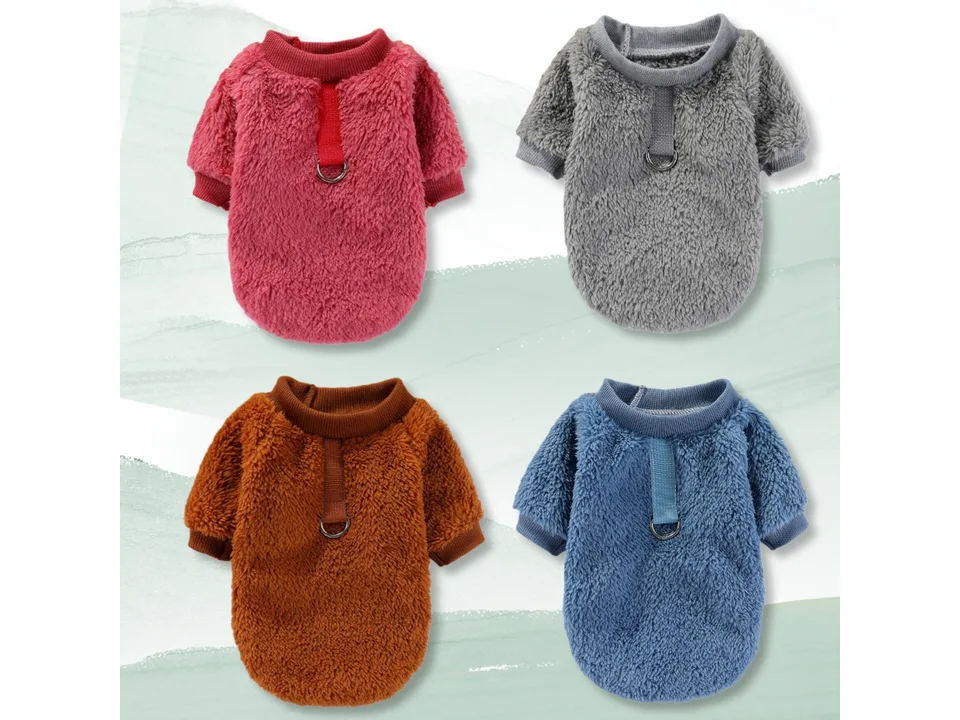 Four fleece dog sweaters in red, grey, brown, and blue.
