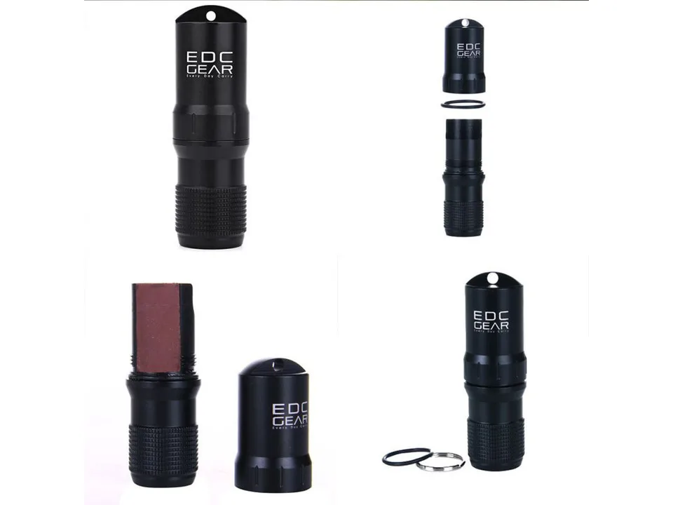 A composite image showing the black survival capsule assembled, disassembled, and with its components.