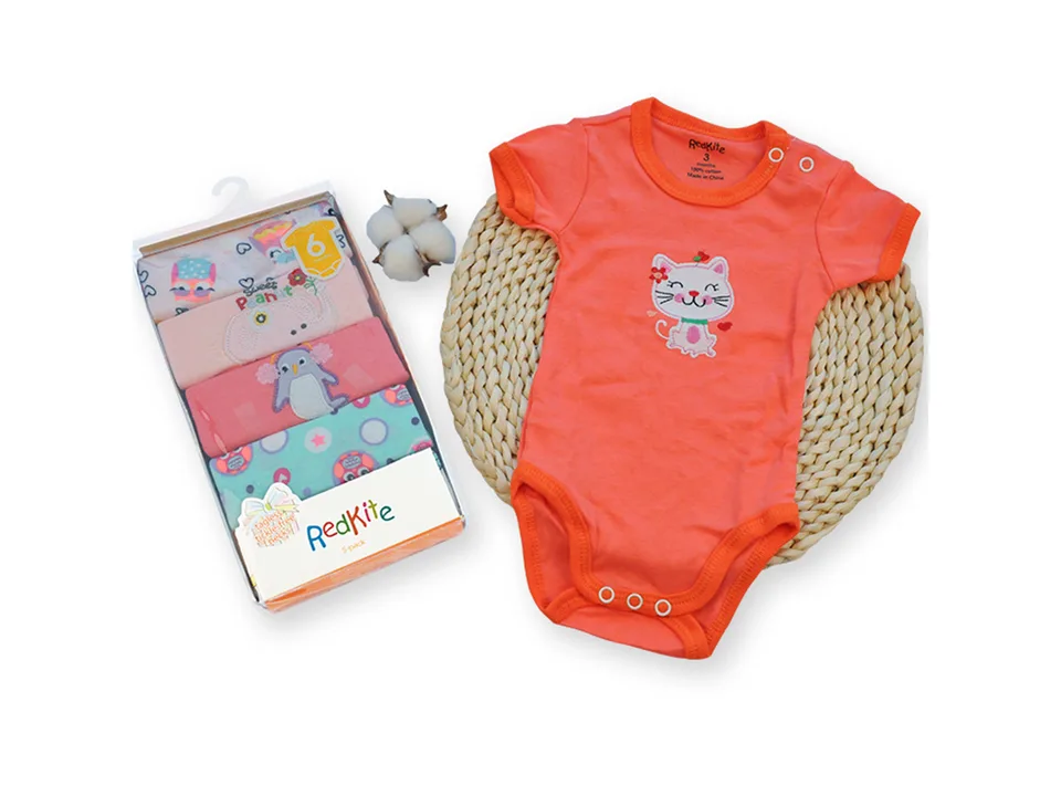 An orange baby bodysuit with a cat design next to a 5-pack of baby bodysuits in packaging.