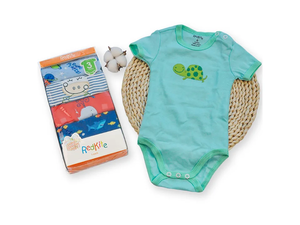 A light green baby bodysuit with a turtle design next to a 5-pack of baby bodysuits in packaging.