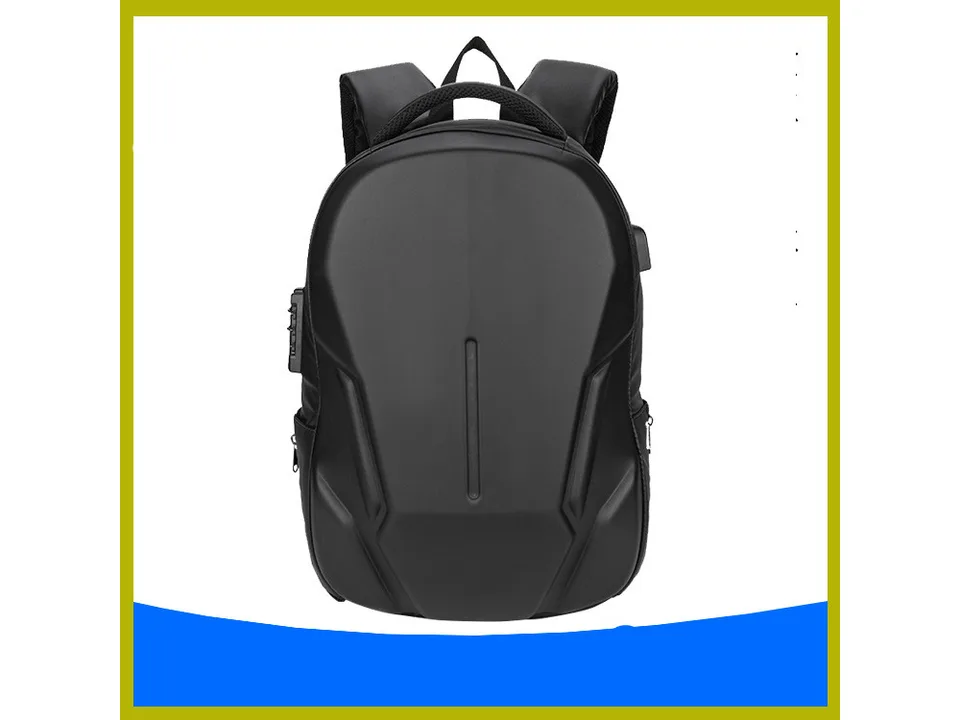 Front view of the black hard shell backpack.