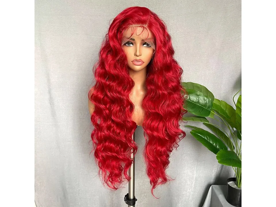 Front view of a long, curly red lace front wig on a mannequin head.