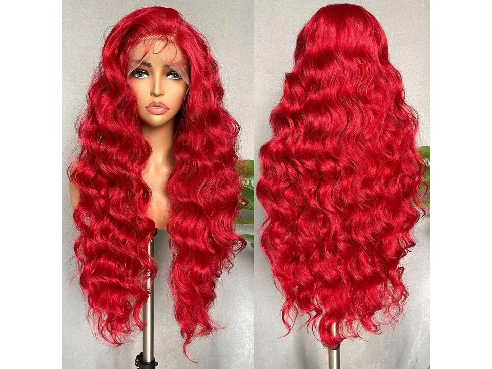 Front and back view of the long, curly red lace front wig on a mannequin.