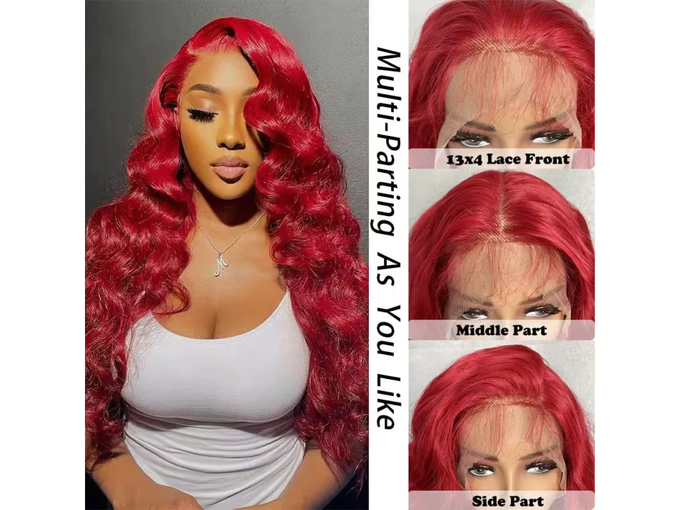 A person wearing the red wig, with close-up insets showing different parting styles.