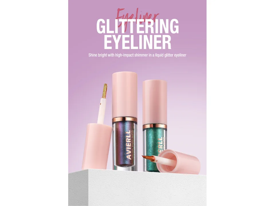 Two bottles of glitter liquid eyeliner with applicators shown.