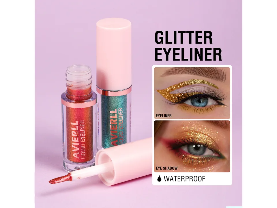 Glitter eyeliner bottles shown with examples of use as eyeliner and eyeshadow.