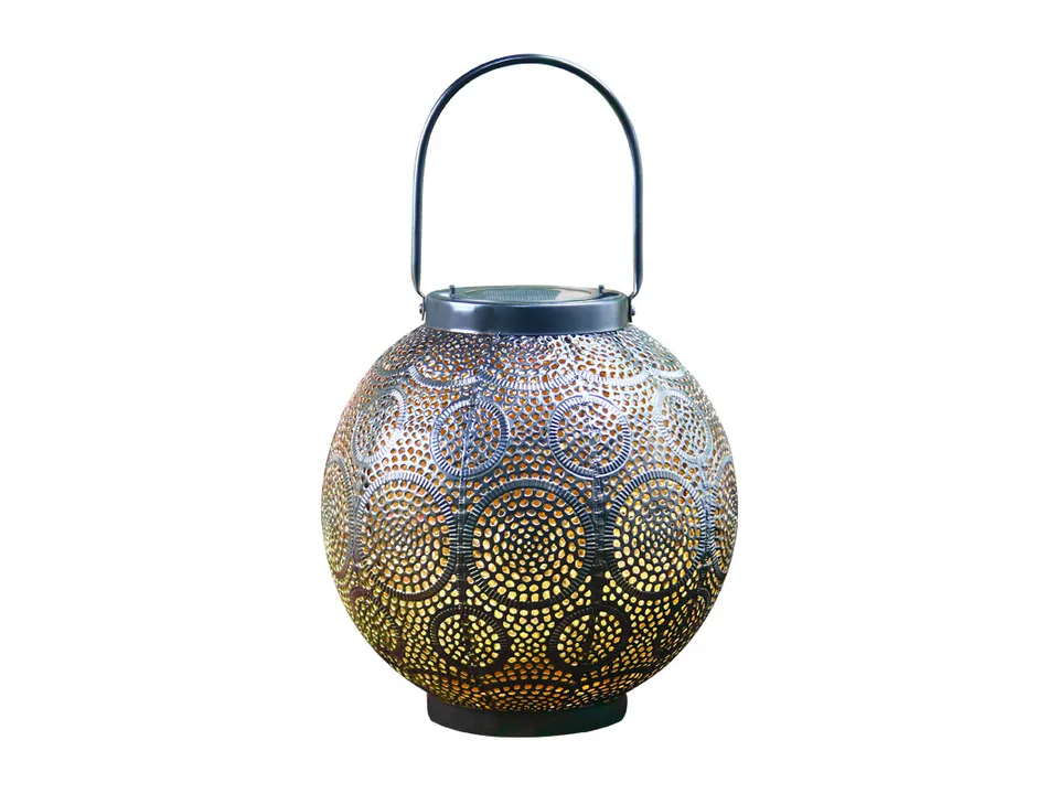 A single decorative metal solar lantern with a circular pattern.
