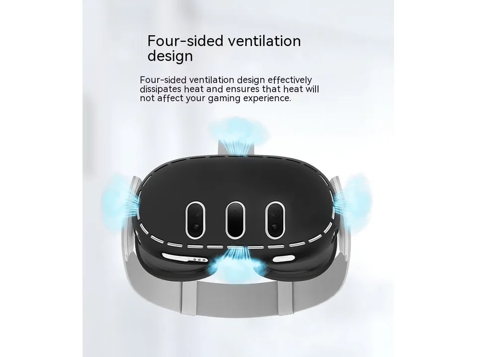 Black silicone cover on a VR headset with blue graphics indicating airflow.