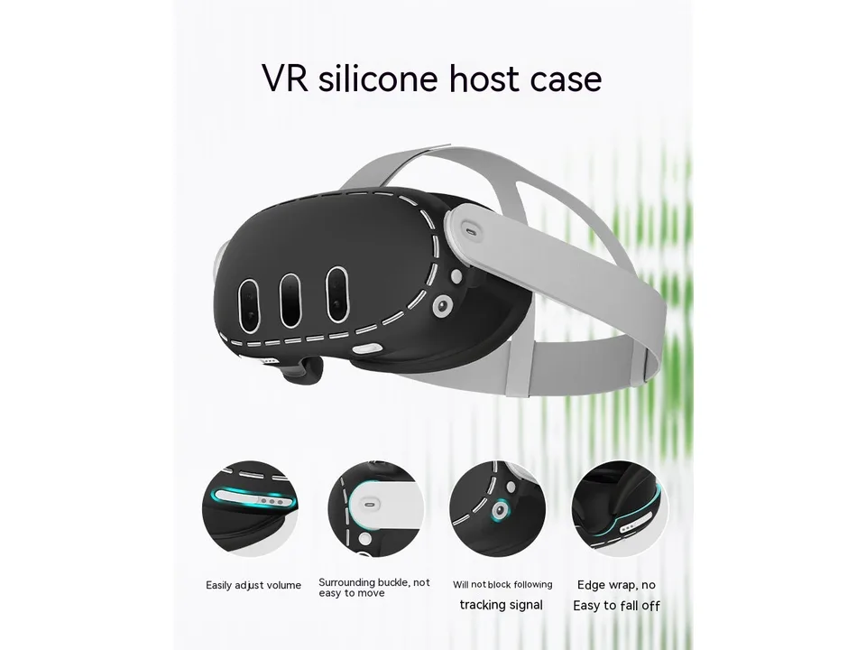Black silicone VR headset cover with callouts for volume, fit, and signal access.
