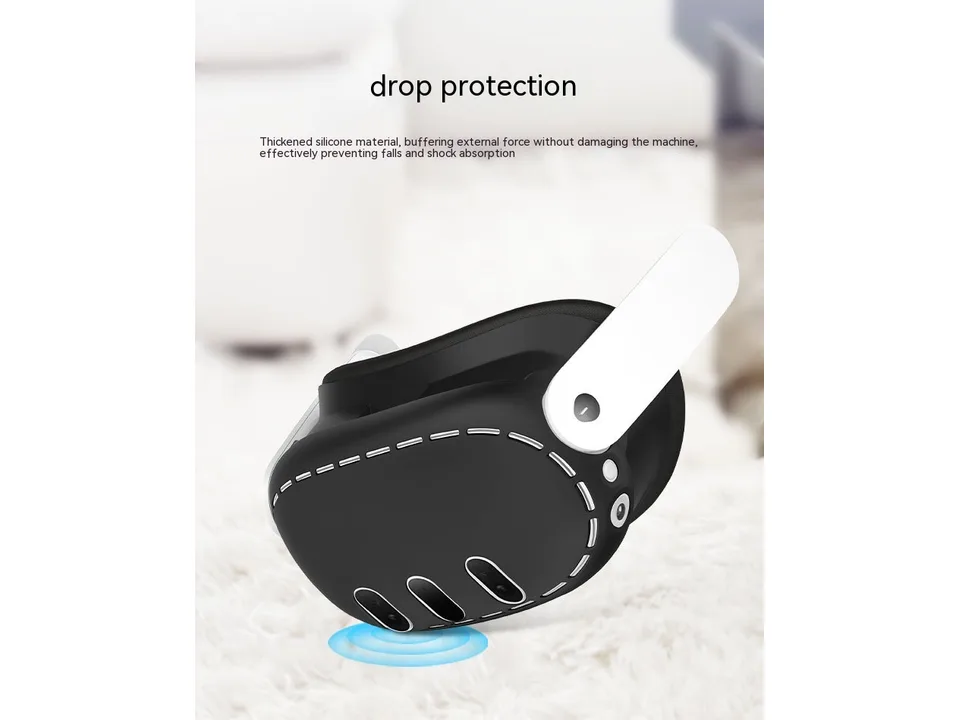 Black silicone VR headset cover resting on a soft surface to show drop protection.