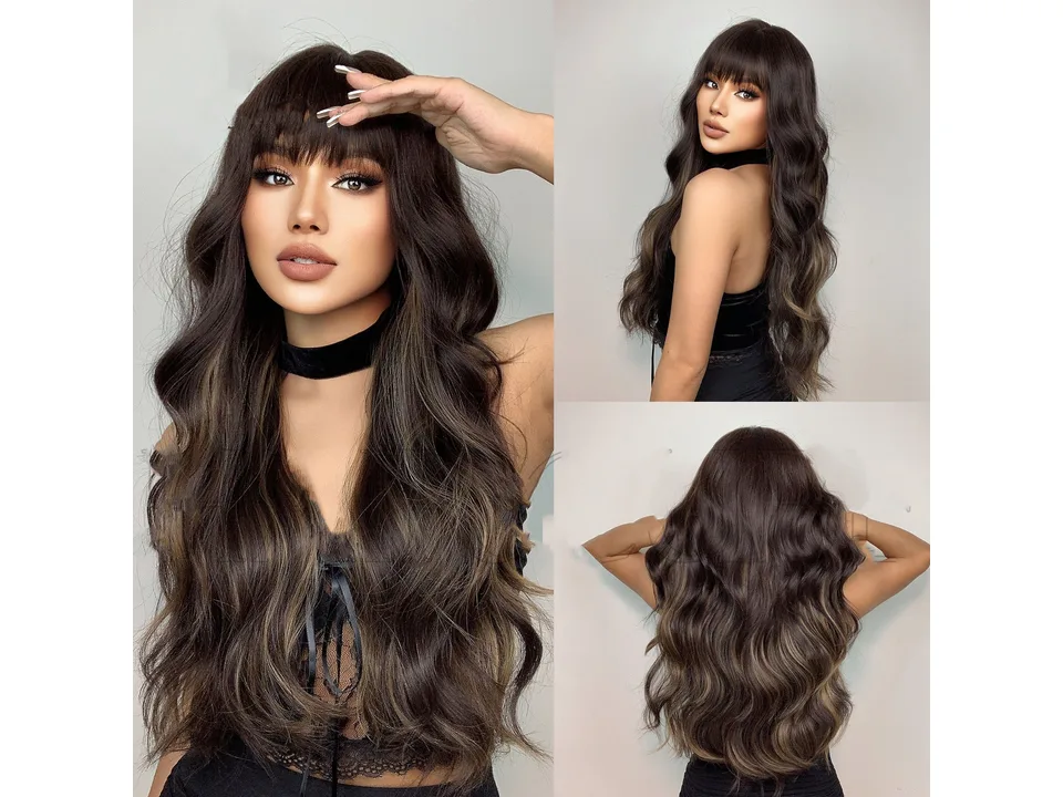 Collage showing a model wearing a long, wavy dark brown wig with bangs from different angles.