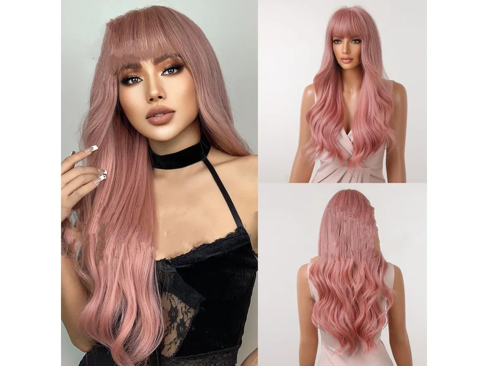 Collage showing a model and a mannequin wearing a long, wavy pink wig with bangs.