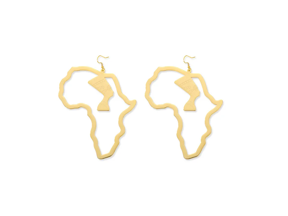 Pair of gold-tone African map earrings with Egyptian queen silhouette.