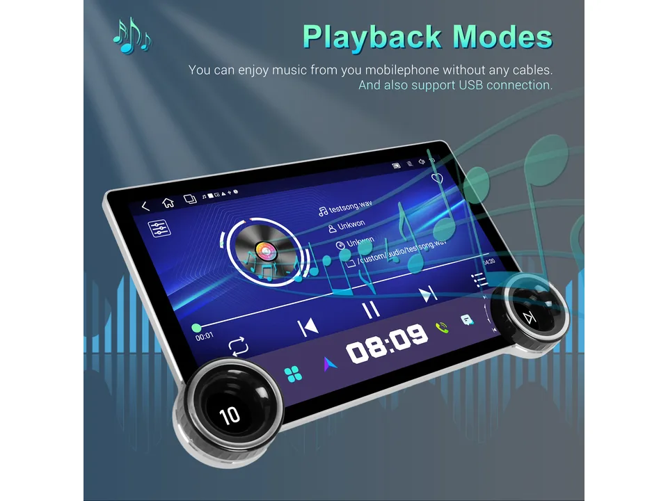 Car multimedia player screen showing music playback interface