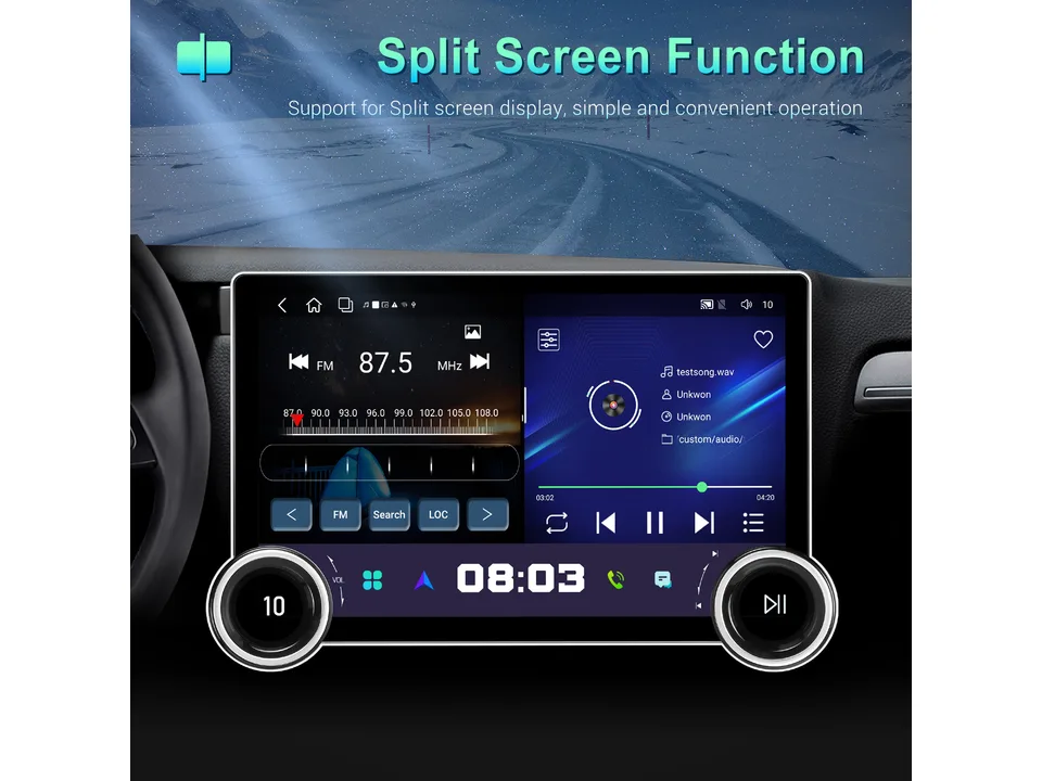 Car multimedia player screen displaying split-screen mode with radio and music