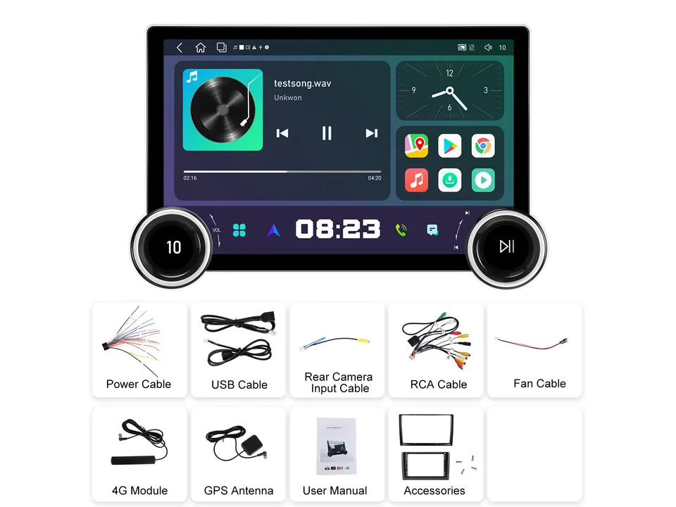 Car multimedia player with all included cables, antennas, and accessories laid out