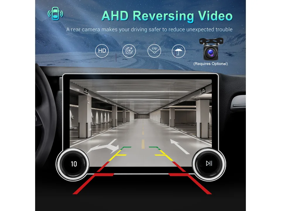 Car multimedia player screen showing the reversing camera view with parking guidelines
