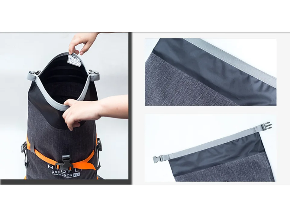 Hands demonstrating how to roll and seal the top of the dry bag backpack.