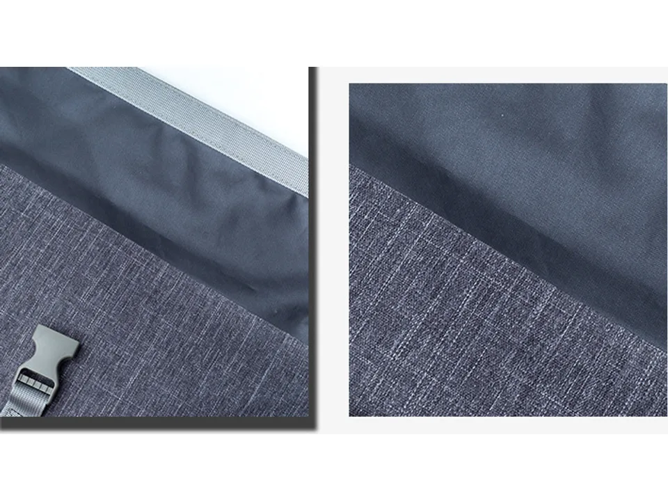 Close-up of the grey fabric texture of the dry bag backpack.
