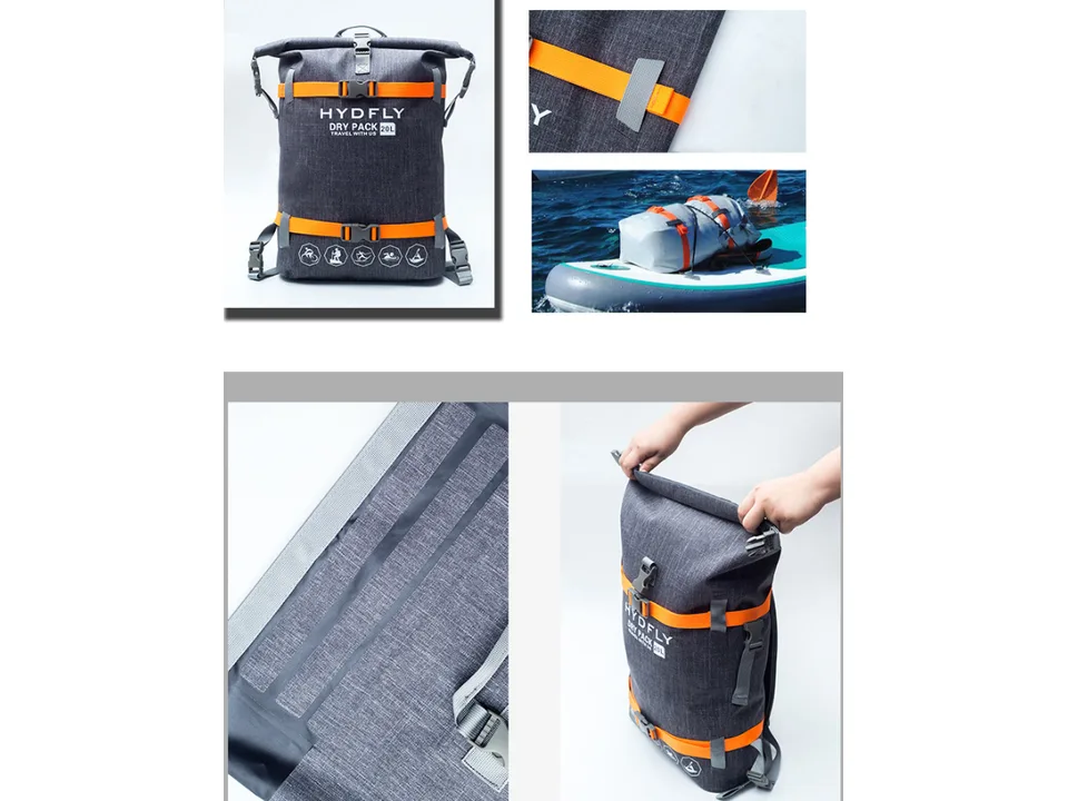 The dry bag backpack strapped to a paddleboard on the water.