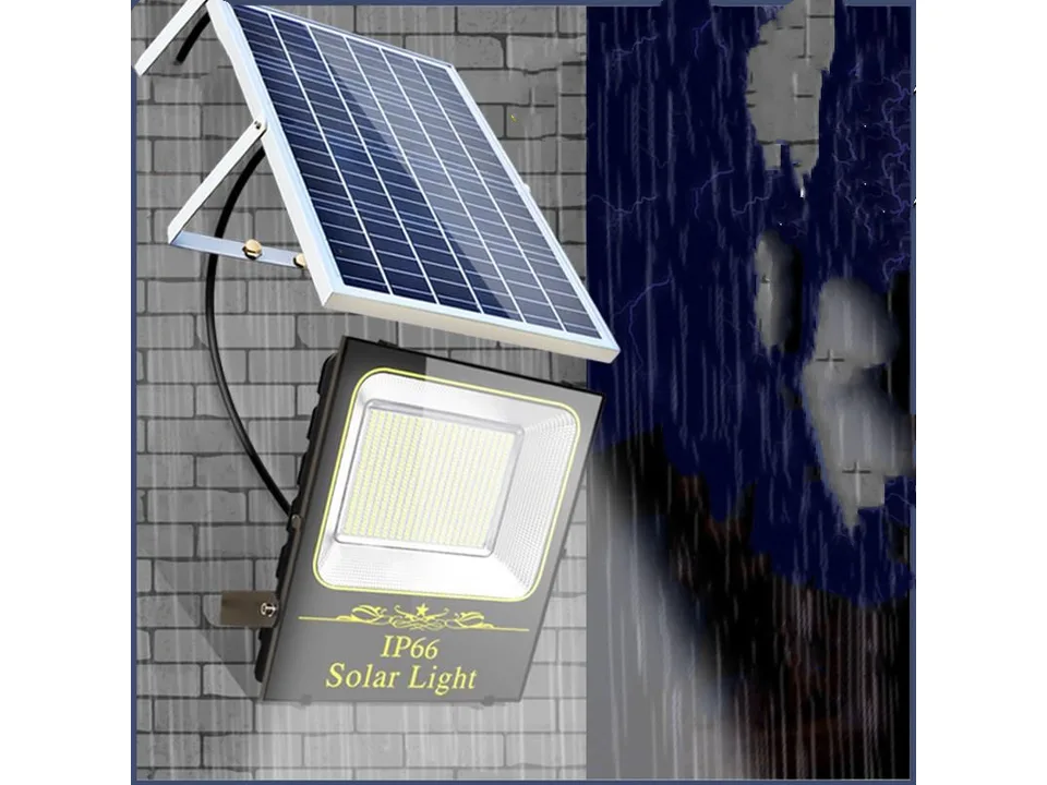 Solar floodlight mounted on a wall with a rain effect overlay.