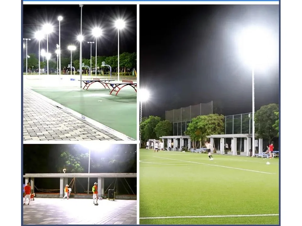 Solar floodlights illuminating an outdoor sports court at night.