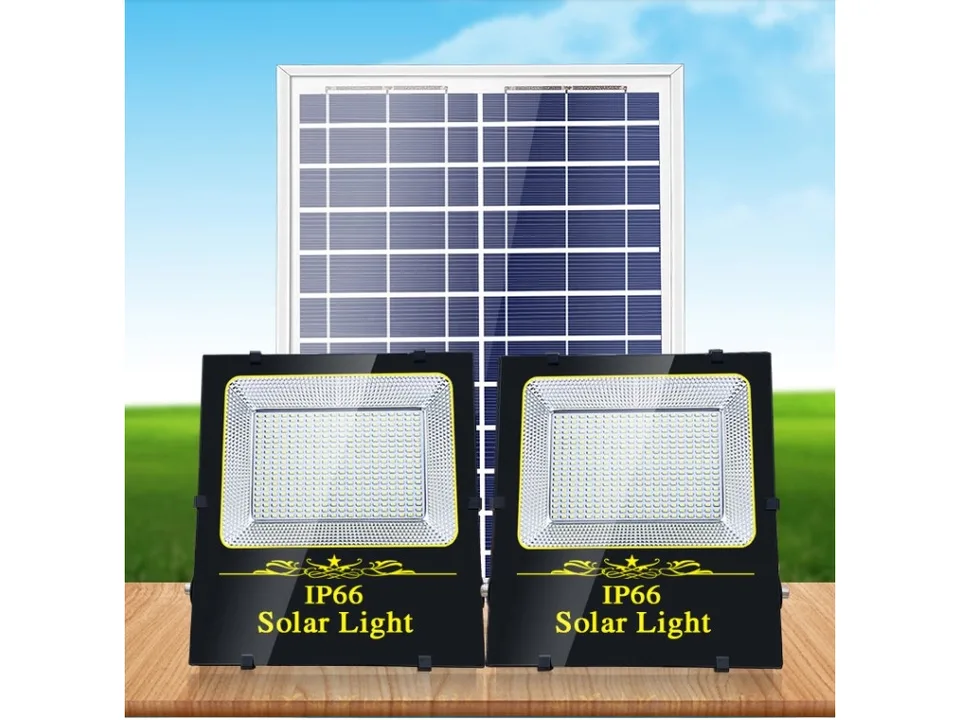Two solar floodlights and a solar panel.
