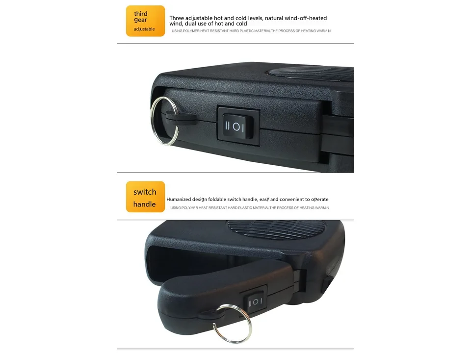 Close-up of the car heater's switch and foldable handle.