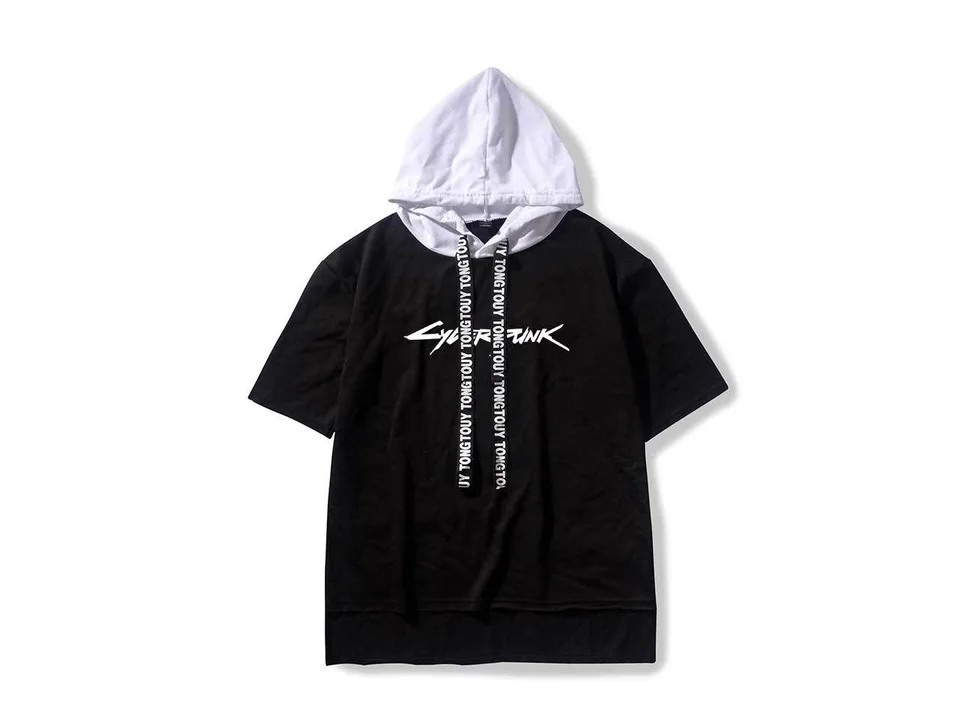 Black short-sleeve hoodie with a white hood and drawstring detail.