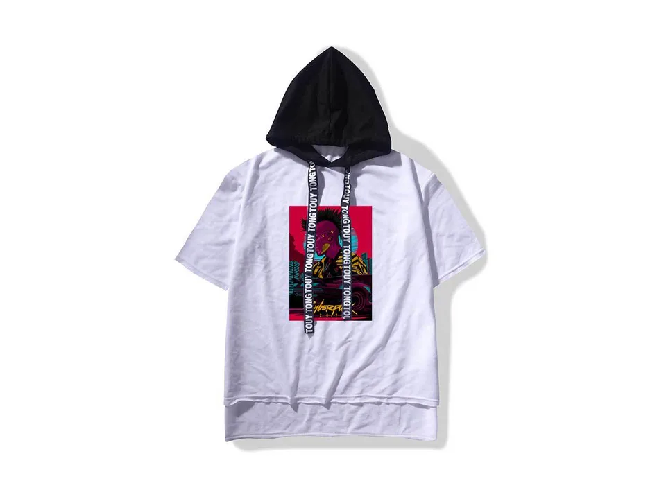 White short-sleeve hoodie with a black hood and a graphic print on the back.