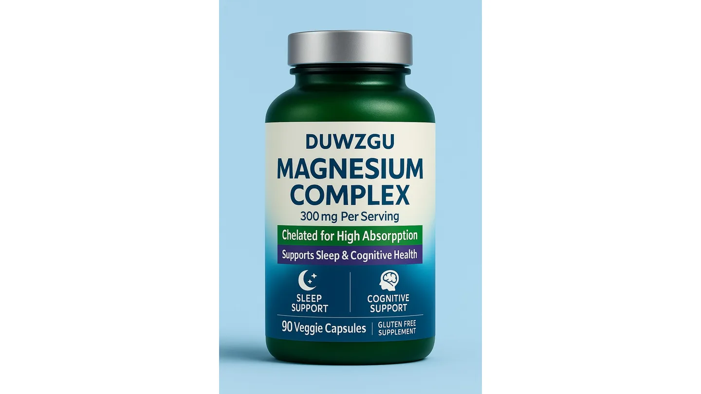 A bottle of Duwzgu Magnesium Complex capsules on a light blue background.