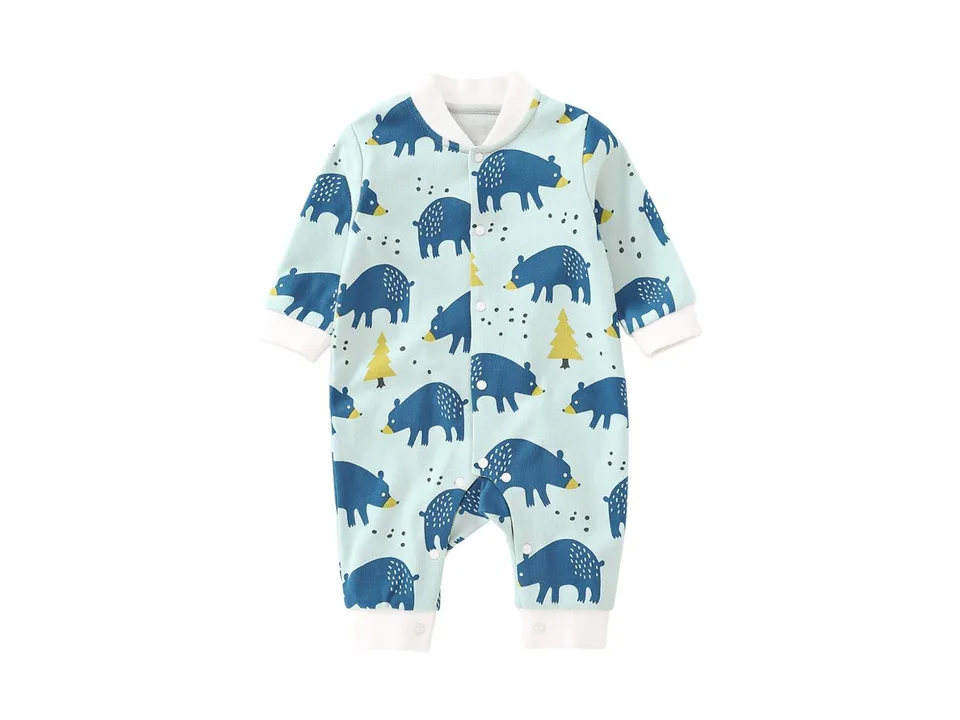 Light blue baby jumpsuit with a bear pattern.