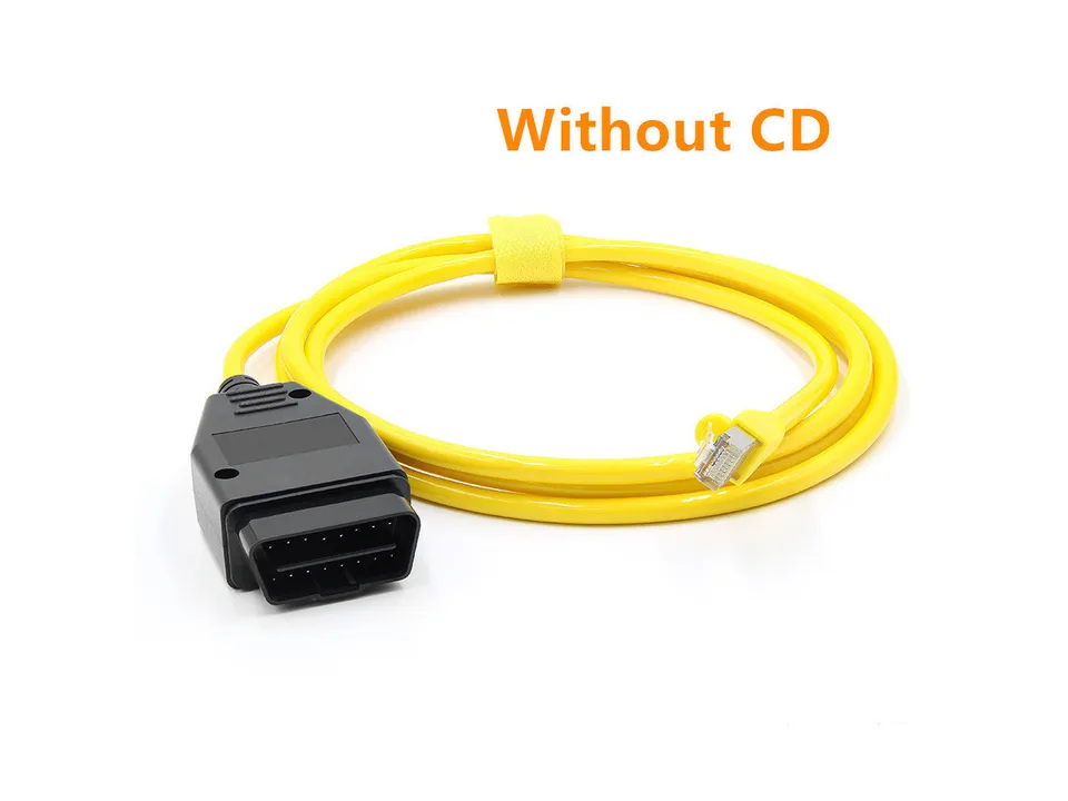 Yellow OBD2 to Ethernet cable coiled up on a white background.